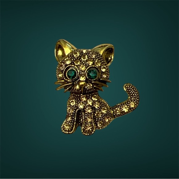 Glam Cat Brooch Rhinestones & Green Eyes‎ Pop – Bold Statement Pin - Picture 1 of 7